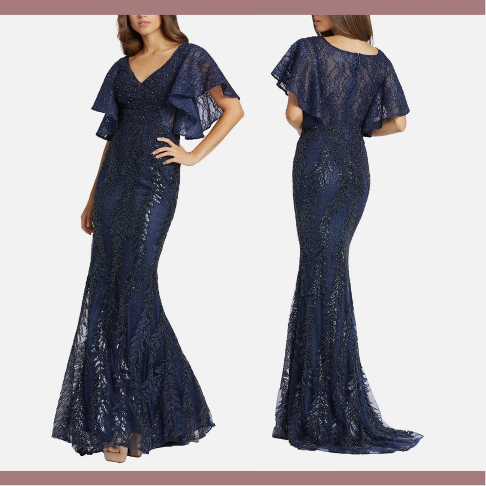 NEW $598 MAC DUGGAL [ 12 ] Sequined Lace V-neck Angel‎ Sleeve Gown Blue Navy